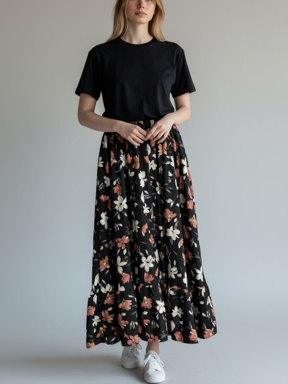 Black Floral Maxi Skirt - Women's Flowing Tiered Skirt